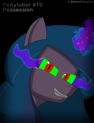 Size: 1250x1635 | Tagged: safe, artist:alejandrogmj, izzy moonbow, pony, unicorn, g5, black background, bust, curved horn, dark magic, evil, evil grin, female, glowing, glowing horn, grin, gritted teeth, horn, implied king sombra, looking at you, magic, mare, ponytober, ponytober 2023, portrait, possessed, simple background, smiling, solo, sombra eyes, teeth, three quarter view