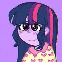 Size: 1280x1280 | Tagged: safe, artist:buntsukim, twilight sparkle, human, equestria girls, g4, bust, clothes, pajamas, purple background, simple background, smiling, solo