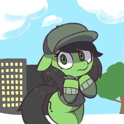 Size: 1329x1327 | Tagged: safe, artist:deerie, oc, oc only, oc:filly anon, earth pony, pony, baseball cap, cap, clothes, earth pony oc, female, filly, hat, jacket, outdoors, scared, snow, solo