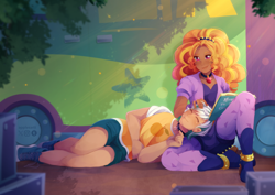 Size: 3000x2125 | Tagged: safe, artist:applesartt, adagio dazzle, oc, oc:peach cobbler, human, comic:we will be adored, g4, boots, canon x oc, clothes, cuddling, cute, disguise, disguised siren, duo, eyes closed, female, gem, head in lap, high heel boots, high res, human coloration, humanized, humanized oc, lying down, male, moderate dark skin, shirt, shoes, shorts, siren gem, stockings, straight, t-shirt, thigh highs, wholesome