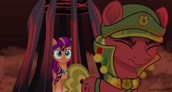 Size: 1467x793 | Tagged: safe, artist:small-brooke1998, sprout cloverleaf, sunny starscout, earth pony, pony, mlp fim's thirteenth anniversary, g4, g5, my little pony: the movie, antagonist, cage, captured, duo, emperor sprout, female, g5 to g4, generation leap, male, mane stripe sunny, mare, open up your eyes, scene interpretation, stallion
