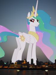 Size: 981x1308 | Tagged: safe, artist:90sigma, edit, editor:jaredking779, princess celestia, alicorn, pony, g4, angry, attack on pony, china, crown, ethereal mane, female, folded wings, giant pony, giantess, giantlestia, highrise ponies, irl, jewelry, looking at you, macro, mare, peytral, photo, ponies in real life, red eyes, regalia, shanghai, solo, story included, wings