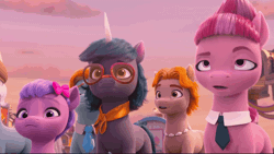 Size: 1918x1082 | Tagged: safe, screencap, crystal cove, golden waves, sweets (g5), toots, earth pony, pony, unicorn, g5, my little pony: make your mark, my little pony: make your mark chapter 5, nightmare on mane street, spoiler:g5, spoiler:my little pony: make your mark, spoiler:my little pony: make your mark chapter 5, spoiler:mymc05e06, animated, awkward, awkward moment, bow, candy, disinterested, female, filly, foal, food, gif, hair bow, male, mare, necktie, quiet, silence, stallion, uninterested