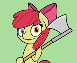 Size: 2048x1672 | Tagged: safe, artist:ewoudcponies, apple bloom, earth pony, pony, g4, axe, female, filly, foal, green background, looking at you, simple background, smiling, solo, weapon