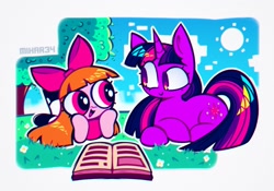 Size: 1318x920 | Tagged: safe, artist:mihar34, twilight sparkle, pony, unicorn, g4, blossom (powerpuff girls), book, crossover, duo, lying down, smiling, the powerpuff girls, unicorn twilight