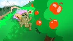 Size: 1920x1080 | Tagged: safe, artist:ha0s67, oc, oc only, oc:regie falcon, pegasus, pony, apple, apple tree, chest fluff, commission, food, grass, minimalist, mountain, path, pegasus oc, solo, tree