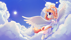 Size: 3840x2160 | Tagged: artist needed, source needed, safe, oc, oc only, oc:p.p.a, alicorn, pony, alicorn oc, bow, clothes, cloud, crown, dress, flying, gown, hair bow, high res, horn, regalia, sky, solo, sun, wings