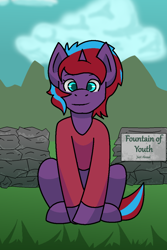 Size: 780x1168 | Tagged: safe, artist:brushwork, oc, oc:charming dazz, pony, unicorn, commission, fountain of youth, mountain, red sweatshirt, sign, solo, stone wall, ych result