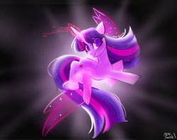 Size: 1024x811 | Tagged: safe, artist:petaltwinkle, twilight sparkle, pony, unicorn, g4, artificial wings, augmented, female, flying, glowing, glowing horn, horn, magic, magic wings, mare, signature, smiling, solo, sunburst background, unicorn twilight, wings