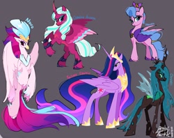 Size: 2048x1623 | Tagged: safe, artist:petaltwinkle, opaline arcana, queen chrysalis, queen haven, queen novo, twilight sparkle, alicorn, changeling, changeling queen, classical hippogriff, hippogriff, pegasus, pony, g4, g5, concave belly, crown, ethereal mane, ethereal tail, female, gray background, hoof shoes, jewelry, large wings, leader, long legs, long mane, long tail, mare, older, older twilight, peytral, princess shoes, princess twilight 2.0, queen, rearing, regalia, signature, simple background, slim, tail, tall, thin, turned head, twilight sparkle (alicorn), wings