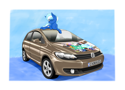 Size: 7000x5000 | Tagged: safe, artist:bumskuchen, oc, oc:exobass, pegasus, pony, absurd resolution, car, one eye closed, simple background, solo, volkswagen, wink