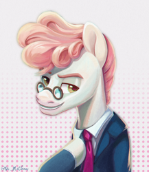 Size: 1300x1497 | Tagged: safe, artist:askometa, queen chrysalis, svengallop, changeling, changeling queen, earth pony, pony, collaboration:meet the best showpony, g4, bust, clothes, collaboration, glasses, looking at you, male, necktie, portrait, simple background, smiling, smirk, solo, stallion