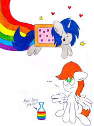 Size: 2495x3319 | Tagged: safe, artist:thunderrainbowshadow, oc, oc only, oc:jazz, oc:silver bell, pegasus, pony, unicorn, duo, duo male, eyes closed, high res, male, nyan cat, simple background, stallion, traditional art, white background