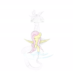 Size: 2630x2630 | Tagged: safe, artist:widelake, discord, fluttershy, draconequus, pegasus, pony, g4, duo, eyes closed, floating, high res, ripple, simple background, spread wings, white background, wings