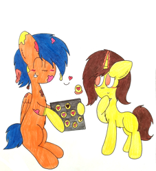 Size: 2613x2878 | Tagged: safe, artist:thunderrainbowshadow, oc, oc only, oc:rain, oc:sunny, pegasus, pony, unicorn, blushing, cookie, cute, daaaaaaaaaaaw, duo, duo male and female, eyes closed, female, food, high res, male, mare, shipping, simple background, stallion, straight, traditional art, white background