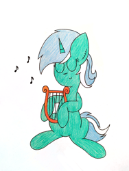 Size: 3000x4000 | Tagged: safe, artist:thunderrainbowshadow, lyra heartstrings, pony, unicorn, g4, eyes closed, female, lyre, mare, music notes, musical instrument, simple background, sitting, solo, traditional art, white background