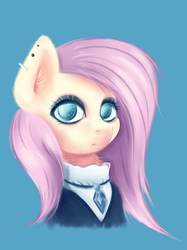 Size: 2976x3969 | Tagged: safe, alternate version, artist:coco-drillo, fluttershy, pegasus, pony, fake it 'til you make it, g4, blue background, bust, chest fluff, clothes, ear fluff, ear piercing, earring, eyeshadow, fluttergoth, frown, goth, gothic, high res, jewelry, looking at you, makeup, messy mane, necklace, piercing, portrait, serious, serious face, simple background, solo