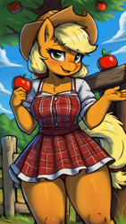 Size: 1440x2560 | Tagged: safe, ai assisted, ai content, artist:darbarri, derpibooru exclusive, applejack, earth pony, anthro, g4, apple, applebucking thighs, blushing, clothes, cowboy hat, cowgirl, dress, eyebrows, eyebrows visible through hair, fence, food, hat, looking at you, panties, red panties, red underwear, skirt, smiling, solo, stetson, thighs, thunder thighs, underwear