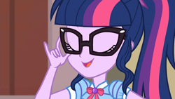 Size: 1333x750 | Tagged: safe, screencap, sci-twi, twilight sparkle, equestria girls, equestria girls specials, g4, my little pony equestria girls: better together, my little pony equestria girls: holidays unwrapped, the cider louse fools, bowtie, clothes, eyes closed, female, geode of telekinesis, glasses, hair, magical geodes, ponytail, puffy sleeves, shirt, teenager