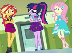 Size: 923x677 | Tagged: safe, screencap, fluttershy, sci-twi, sunset shimmer, twilight sparkle, human, equestria girls, equestria girls series, g4, holidays unwrapped, o come all ye squashful, spoiler:eqg series (season 2), :|, belt, boots, clothes, confused, cropped, female, fluttershy boho dress, geode of empathy, geode of fauna, geode of telekinesis, glasses, hairclip, jewelry, leather, leather boots, leather vest, looking at each other, looking at someone, magical geodes, necklace, open-toed shoes, pendant, polo shirt, ponytail, ribbon, shoes, shoulderless shirt, skirt, sleeveless, spikes, teenager, that was weird, trio, trio female, vest, waifu