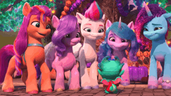 Size: 1796x1016 | Tagged: safe, screencap, izzy moonbow, misty brightdawn, pipp petals, sparky sparkeroni, sunny starscout, zipp storm, bird, dragon, earth pony, parrot, pegasus, pony, unicorn, g5, my little pony: make your mark, my little pony: make your mark chapter 5, nightmare on mane street, spoiler:g5, spoiler:my little pony: make your mark, spoiler:my little pony: make your mark chapter 5, spoiler:mymc05e06, animated, baby, baby dragon, clothes, costume, cute, female, gif, mare, rebirth misty, sparkybetes, tail, tail wag