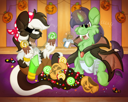 Size: 2500x2000 | Tagged: safe, artist:euspuche, oc, oc only, oc:swift brush, oc:zenawa skunkpony, bat pony, earth pony, hybrid, pony, skunk, skunk pony, unicorn, vampire, vampony, bandana, bat wings, bedroom, best friends, candy, chocolate, chocolate bar, claws, cloak, clothes, colt, costume, cute, decoration, diaper, drool, drool string, duo, earth pony oc, eating, eyepatch, eyes closed, fangs, foal, food, glowing, glowing horn, halloween, halloween costume, high res, holiday, hoof hold, horn, hybrid oc, incontinent, jewelry, lollipop, looking at someone, magic, magic aura, male, necklace, nightmare night, non-baby in diaper, open mouth, pants, paws, peg leg, pirate, playpen, prosthetic leg, prosthetic limb, prosthetics, pumpkin, pumpkin bucket, raised hoof, shirt, sitting, together, tongue out, torn clothes, unicorn oc, unshorn fetlocks, wings, young