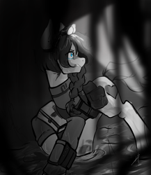 Size: 2600x3000 | Tagged: safe, artist:rarimonday, oc, oc only, oc:dusty heartwood, earth pony, pony, fallout equestria, bag, blue eyes, braid, clothes, crying, dark, fallout equestria oc, fear, flash light, headlamp, high res, jumpsuit, medkit, monochrome, pipbuck, puddle, rain, saddle bag, scar, solo, vault suit, wet, wet mane