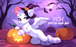 Size: 3489x2160 | Tagged: safe, artist:airiniblock, alicorn, bat, pony, belly, clothes, commission, complex background, ear fluff, halloween, hat, high res, holiday, jack-o-lantern, moon, night, pumpkin, round belly, sketch, socks, solo, striped socks, tree, witch hat, ych sketch, your character here