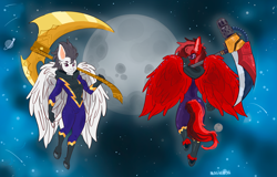 Size: 5497x3508 | Tagged: safe, artist:magikarpii, oc, oc only, oc:brilliant verve, oc:pipe dream, bat pony, hybrid, pegasus, pony, zony, anthro, clothes, costume, duo, fangs, feathered wings, floating, flying, gold, halloween, halloween 2023, hero, holiday, hooves, male, moon, night, nightmare night, pink eyes, planet, purple eyes, scythe, shadowbolts, shadowbolts costume, space, stallion, stripes, weapon, wings