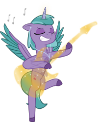 Size: 1282x1586 | Tagged: safe, artist:equestriaexploration, shiny sparks, alicorn, pony, g5, air guitar, alicornified, magic, music notes, race swap, simple background, solo, sparksicorn, transparent background