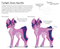 Size: 9300x7500 | Tagged: safe, artist:parrpitched, twilight sparkle, alicorn, pony, unicorn, comic:the special talent initiative, g4, chest fluff, colored hooves, concave belly, concept art, coronet (coat marking), curved horn, duality, female, glasses, gradient horn, horn, mare, misspelling, pale belly, ponytail, redesign, simple background, solo, standing, text, twilight sparkle (alicorn), unicorn twilight, unshorn fetlocks, white background, wings