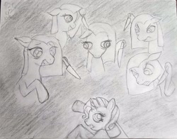 Size: 3826x3000 | Tagged: safe, artist:riskypony, pinkie pie, rarity, g4, clone, fear, high res, imminent death, knife, murder, pinkamena diane pie, pinktober, traditional art