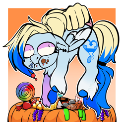 Size: 2048x2011 | Tagged: safe, artist:diethtwoo, oc, oc:azure opus, pegasus, pony, blind, candy, commission, female, food, food on face, grabbing, halloween, hand, high res, holiday, mare, pumpkin, shocked, shocked expression, tail, two toned mane, two toned tail, unshorn fetlocks, ych result