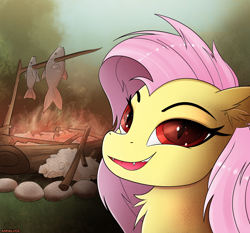 Size: 2300x2140 | Tagged: safe, artist:andaluce, fluttershy, bat pony, pony, g4, bat ponified, campfire, chest fluff, fangs, flutterbat, food, forest, halloween, high res, holiday, meat, ponies eating meat, ponified animal photo, race swap, smiling, solo