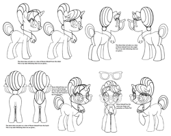 Size: 5888x4680 | Tagged: safe, artist:pony4koma, raven, pony, unicorn, g4, background pony, bangs, female, front view, glasses, hair bun, mare, necktie, reference sheet, secretary, side view, simple background, sketch, solo, tail, tail bun, unofficial, white background