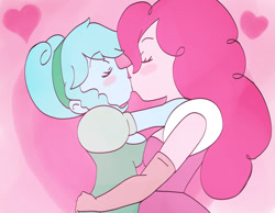 Size: 1280x991 | Tagged: safe, artist:studiodraw, pinkie pie, oc, oc:jemimasparkle, human, equestria girls, g4, breasts, busty pinkie pie, canon x oc, cinderella, clothes, dress, duo, eyes closed, female, gown, heart, kiss on the lips, kissing, lesbian, poofy shoulders, princess costume, shipping