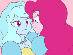 Size: 1280x969 | Tagged: safe, artist:studiodraw, pinkie pie, oc, oc:jemimasparkle, human, equestria girls, g4, canon x oc, cinderella, clothes, dress, female, gown, jetlag productions, jewelry, lesbian, looking at each other, looking at someone, necklace, pearl necklace, pink background, poofy shoulders, shipping, simple background, smiling, smiling at each other