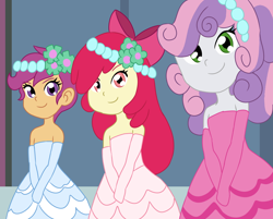 Size: 1024x824 | Tagged: safe, artist:studiodraw, apple bloom, scootaloo, sweetie belle, human, equestria girls, g4, clothes, cutie mark crusaders, dress, female, flower, flower girl, flower girl dress, flower in hair, smiling, trio