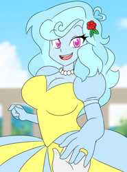 Size: 1280x1729 | Tagged: safe, artist:studiodraw, oc, oc only, oc:jemimasparkle, human, equestria girls, g4, breasts, cinderella, clothes, dress, female, flower, flower in hair, gown, jetlag productions, jewelry, necklace, open mouth, open smile, pearl necklace, poofy shoulders, ring, smiling, solo