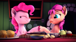 Size: 3840x2160 | Tagged: safe, artist:psfmer, pinkie pie, sunny starscout, earth pony, pony, g4, g5, 3d, cooking, cupcake, egg, eyes closed, female, fluttershy's cottage, food, high res, hoofbump, mare, muffin, ponytober, revamped ponies, source filmmaker, tongue out, unshorn fetlocks