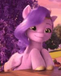 Size: 530x660 | Tagged: safe, screencap, pipp petals, pegasus, pony, g5, my little pony: make your mark, my little pony: make your mark chapter 5, nightmare on mane street, spoiler:g5, spoiler:my little pony: make your mark, spoiler:my little pony: make your mark chapter 5, spoiler:mymc05e06, adorapipp, animated, cropped, cute, female, gif, hoof tapping, mare, solo, table