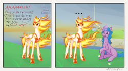 Size: 4274x2385 | Tagged: safe, artist:arisu-kun, daybreaker, izzy moonbow, alicorn, pony, unicorn, mlp fim's thirteenth anniversary, g4, g5, ..., black sclera, comic, concave belly, crystal brighthouse, dialogue, digital art, duo, duo female, female, folded wings, food, glowing, glowing horn, height difference, helmet, high res, hoof shoes, horn, izzy impaling things, levitation, long tail, looking at someone, magic, magic aura, mane of fire, mare, marshmallow, mundane utility, open mouth, open smile, outdoors, peytral, physique difference, princess shoes, prisbeam, s'mores, sitting, slender, smiling, standing, tail, tail of fire, telekinesis, thin, wings