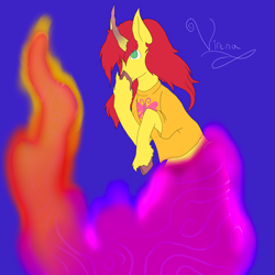 Size: 5800x5800 | Tagged: safe, artist:florarena-kitasatina/dragonborne fox, oc, oc only, oc:virena, genie, genie pony, pony, unicorn, blue background, boop, clothes, cloven hooves, colored, flat colors, raised hoof, self-boop, shirt, simple background, t-shirt, unshorn fetlocks