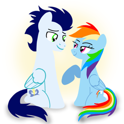 Size: 1400x1400 | Tagged: safe, artist:mlplary6, rainbow dash, soarin', pegasus, pony, g4, boyfriend and girlfriend, female, looking at each other, looking at someone, male, mare, ship:soarindash, shipping, sitting, smiling, smiling at each other, stallion, straight