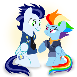 Size: 1400x1400 | Tagged: safe, artist:mlplary6, rainbow dash, soarin', pegasus, pony, g4, the last problem, bomber jacket, clothes, female, husband and wife, jacket, looking at each other, looking at someone, male, mare, older, older rainbow dash, older soarin', older soarindash, ship:soarindash, shipping, sitting, smiling, smiling at each other, stallion, straight