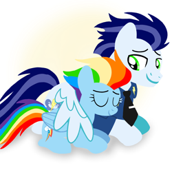 Size: 1400x1400 | Tagged: safe, artist:mlplary6, rainbow dash, soarin', pegasus, pony, g4, the last problem, bomber jacket, clothes, eyes closed, female, hug, husband and wife, jacket, lying down, male, mare, older, older rainbow dash, older soarin', older soarindash, ship:soarindash, shipping, smiling, stallion, straight, winghug, wings