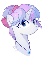 Size: 2250x3000 | Tagged: safe, artist:raineve, oc, oc only, pony, unicorn, bow, hair bow, high res, signature, simple background, solo, white background