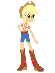Size: 736x981 | Tagged: artist needed, safe, applejack, human, equestria girls, g4, alternate hairstyle, belt, boots, braid, clothes, cowboy boots, cowboy hat, cowgirl, cute, flannel shirt, hat, high heel boots, jackabetes, shirt, shoes, shorts, simple background, solo, white background