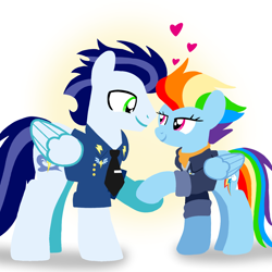 Size: 1400x1400 | Tagged: safe, artist:mlplary6, rainbow dash, soarin', pegasus, pony, g4, the last problem, bomber jacket, clothes, cute, dashabetes, female, heart, husband and wife, jacket, looking at each other, looking at someone, love, male, mare, older, older rainbow dash, older soarin', older soarindash, ship:soarindash, shipping, smiling, smiling at each other, soarinbetes, stallion, straight