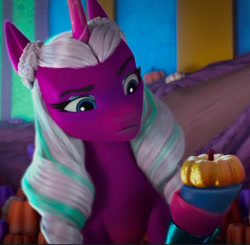 Size: 1372x1346 | Tagged: safe, screencap, opaline arcana, alicorn, pony, g5, my little pony: make your mark, my little pony: make your mark chapter 5, nightmare on mane street, spoiler:g5, female, gold, holding, mare, pumpkin, solo